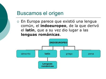 Buscamos el origen En Europa parece que existió una lengua común, el indoeuropeo, de la que derivó el latín, que a su vez dio lugar a las lenguas románicas.