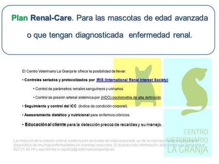 Plan Renal-Care. Para las mascotas de edad avanzada o que tengan diagnosticada enfermedad renal. El Centro Veterinario La Granja te ofrece la posibilidad.