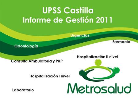 Urgencias Hospitalización I nivel Hospitalización II nivel Consulta Ambulatoria y P&P Odontología Laboratorio Farmacia UPSS Castilla Informe de Gestión.