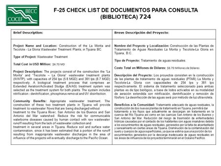 F-25 CHECK LIST DE DOCUMENTOS PARA CONSULTA (BIBLIOTECA) 724 Brief Description:Breve Descripción del Proyecto: Project Name and Location: Construction.