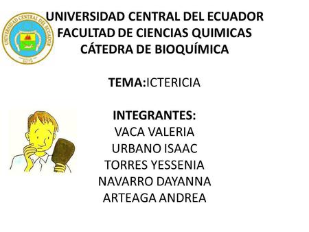 UNIVERSIDAD CENTRAL DEL ECUADOR FACULTAD DE CIENCIAS QUIMICAS CÁTEDRA DE BIOQUÍMICA TEMA:ICTERICIA INTEGRANTES: VACA VALERIA URBANO ISAAC TORRES YESSENIA.