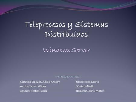 Teleprocesos y Sistemas Distribuidos Windows Server INTEGRANTES: Cantera Salazar, Julissa Arcelly Yalico Tello, Diana Accho Flores, Wilber Dávila, Mireilli.