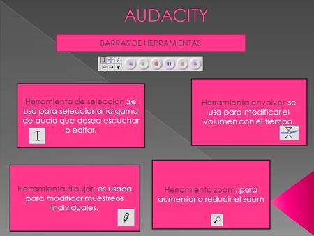 Herramienta de selección :se usa para seleccionar la gama de audio que desea escuchar o editar. Herramienta envolver :se usa para modificar el volumen.