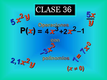 CLASE 36 –3 x x 3 3 2 2 x x y y 2,1 y y 5x5x 5x5x 7 7 x x 2 2 y y 5 5 = 7 x 0 0 ( x  0) 4 x x 3 +2 x x 2 –1 P( x ) =