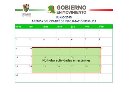 JUNIO 2013 JUNIO 2013 AGENDA DEL COMITÉ DE INFORMACION PUBLICA No hubo actividades en este mes.