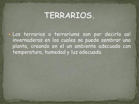 TERRARIOS. Los terrarios o terrariums son por decirlo así invernaderos en los cuales se puede sembrar una planta, creando en el un ambiente adecuado.