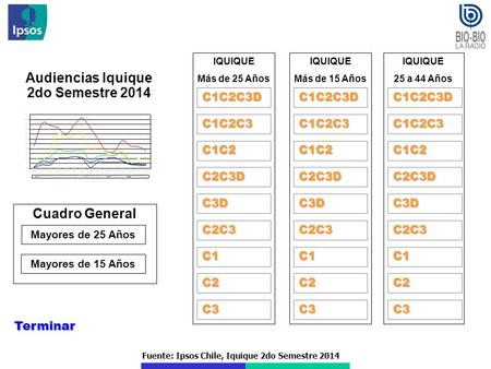 Fuente: Ipsos Chile, Iquique 2do Semestre 2014 Audiencias Iquique 2do Semestre 2014 Terminar C1C2C3D C1C2C3 C1C2 C2C3D C3D C2C3 C1 IQUIQUE Más de 25 Años.