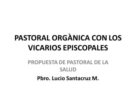 PASTORAL ORGÀNICA CON LOS VICARIOS EPISCOPALES PROPUESTA DE PASTORAL DE LA SALUD Pbro. Lucio Santacruz M.