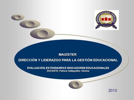 MAGÍSTER DIRECCIÓN Y LIDERAZGO PARA LA GESTIÓN EDUCACIONAL EVALUACIÓN, ESTÁNDARES E INDICADORES EDUCACIONALES DOCENTE: Patricio Galleguillos Herrera 2013.