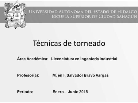 Técnicas de torneado Área Académica: Licenciatura en Ingeniería Industrial Profesor(a): M. en I. Salvador Bravo Vargas Periodo: