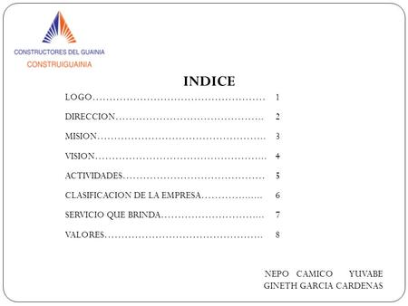 INDICE NEPO CAMICO YUVABE GINETH GARCIA CARDENAS LOGO……………………………………………1 DIRECCION……………………………………..2 MISION…………………………………………..3 VISION…………………………………………...4.