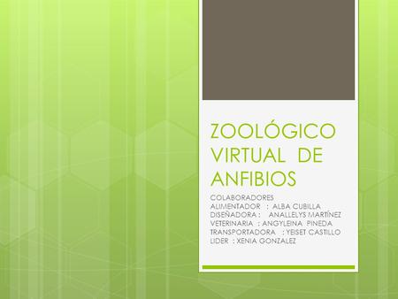 ZOOLÓGICO VIRTUAL DE ANFIBIOS COLABORADORES ALIMENTADOR : ALBA CUBILLA DISEÑADORA : ANALLELYS MARTÍNEZ VETERINARIA : ANGYLEINA PINEDA TRANSPORTADORA :