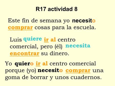 R17 actividad 8 Este fin de semana yo comprar cosas para la escuela.