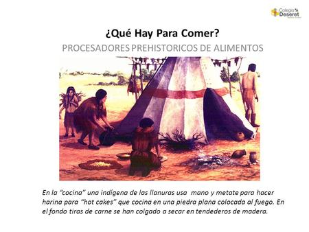 ¿Qué Hay Para Comer? PROCESADORES PREHISTORICOS DE ALIMENTOS En la “cocina” una indígena de las llanuras usa mano y metate para hacer harina para “hot.