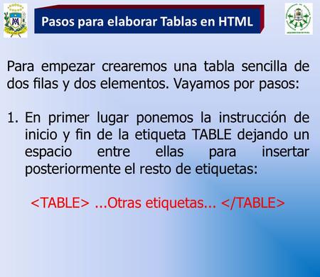 Pasos para elaborar Tablas en HTML Para empezar crearemos una tabla sencilla de dos ﬁlas y dos elementos. Vayamos por pasos: 1.En primer lugar ponemos.