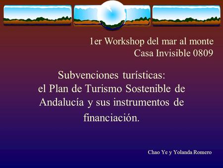 Subvenciones turísticas: el Plan de Turismo Sostenible de Andalucía y sus instrumentos de financiación. Chao Ye y Yolanda Romero 1er Workshop del mar al.