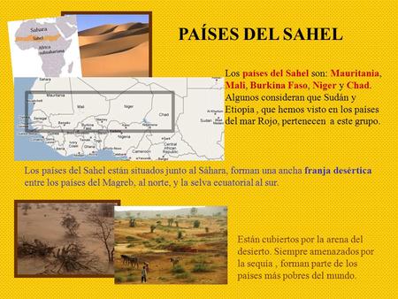 PAÍSES DEL SAHEL Los países del Sahel son: Mauritania, Mali, Burkina Faso, Niger y Chad. Algunos consideran que Sudán y Etiopía , que hemos visto en los.