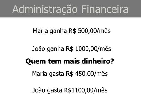 Administração Financeira Maria ganha R$ 500,00/mês João ganha R$ 1000,00/mês Maria gasta R$ 450,00/mês João gasta R$1100,00/mês Quem tem mais dinheiro?