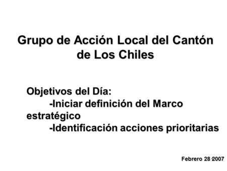 1 Grupo de Acción Local del Cantón de Los Chiles Objetivos del Día: -Iniciar definición del Marco estratégico -Identificación acciones prioritarias Febrero.