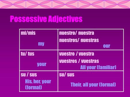 Possessive Adjectives mi/misnuestro/ nuestra nuestros/ nuestras tu/ tusvuestro / vuestra vuestros / vuestras su / sus my Their, all your (formal) His,