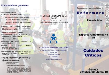 Características generales Modalidad presencial 375 horas (15 créditos ECTS): 200 horas teórico-prácticas en aula. 50 horas de prácticas y/o trabajo. 125.