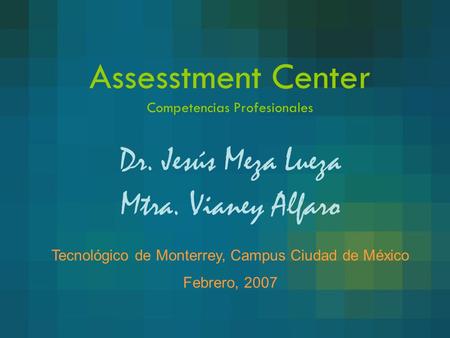 Assesstment Center Competencias Profesionales Dr. Jesús Meza Lueza Mtra. Vianey Alfaro Tecnológico de Monterrey, Campus Ciudad de México Febrero, 2007.