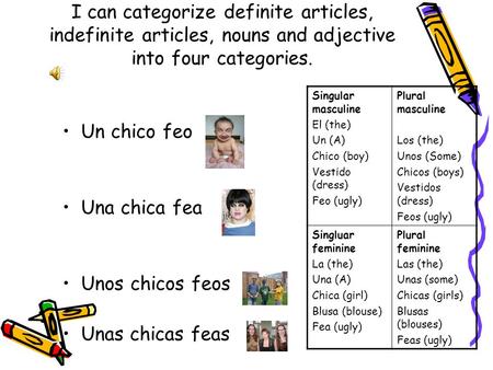I can categorize definite articles, indefinite articles, nouns and adjective into four categories. Un chico feo Una chica fea Unos chicos feos Unas chicas.