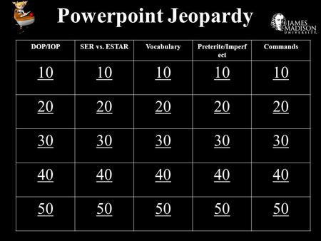 Powerpoint Jeopardy DOP/IOPSER vs. ESTARVocabularyPreterite/Imperf ect Commands 10 20 30 40 50.