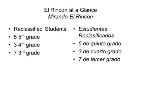 El Rincon at a Glance Mirando El Rincon Reclassified Students 5 5 th grade 3 4 th grade 7 3 rd grade Estudiantes Reclasificados 5 de quinto grado 3 de.