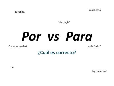 Por vs Para ¿Cuál es correcto? duration “through” by means of per in order to for whom/whatwith “salir”