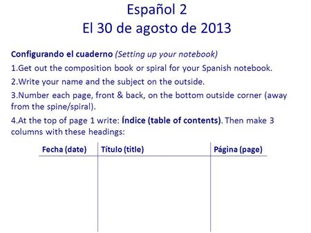 Configurando el cuaderno (Setting up your notebook) 1.Get out the composition book or spiral for your Spanish notebook. 2.Write your name and the subject.