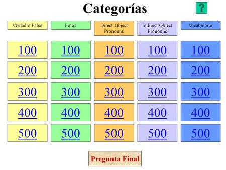 Categorías 100 200 300 400 500 100 200 300 400 500 100 200 300 400 500 100 200 300 400 500 100 200 300 400 500 Verdad o FalsoFotosDirect Object Pronouns.