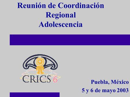 Puebla, México 5 y 6 de mayo 2003 Reunión de Coordinación Regional Adolescencia.