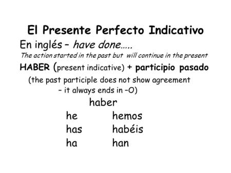 El Presente Perfecto Indicativo En inglés – have done….. The action started in the past but will continue in the present HABER ( present indicative) +