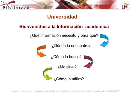Guión “Curso de orientación al estudio y habilidades informáticas e informacionales 2009-2010” Universidad Bienvenidos a la Información ¿Qué información.