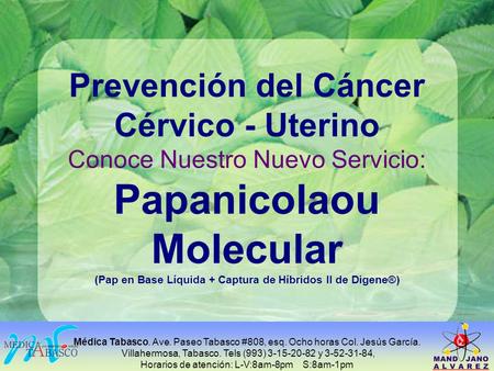 Prevención del Cáncer Cérvico - Uterino Conoce Nuestro Nuevo Servicio: Papanicolaou Molecular (Pap en Base Líquida + Captura de Híbridos II de Digene®)