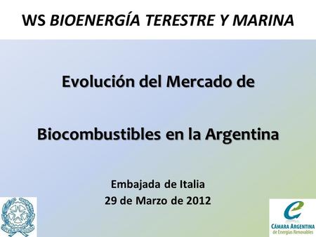 Evolución del Mercado de Biocombustibles en la Argentina Embajada de Italia 29 de Marzo de 2012 WS BIOENERGÍA TERESTRE Y MARINA.