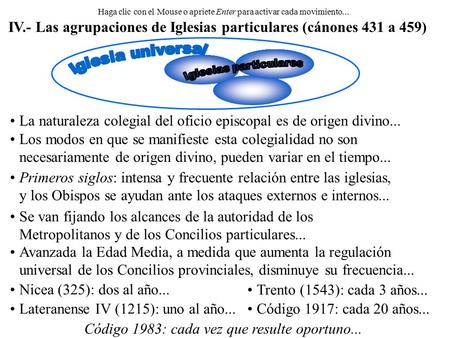 IV.- Las agrupaciones de Iglesias particulares (cánones 431 a 459) Haga clic con el Mouse o apriete Enter para activar cada movimiento... La naturaleza.