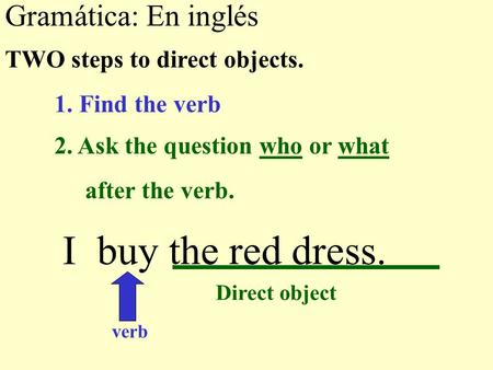 I buy the red dress. Gramática: En inglés TWO steps to direct objects.