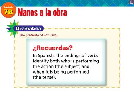The preterite of –ar verbs. To talk about actions that were completed in the past, you use the preterite tense. To form the preterite tense of a regular.