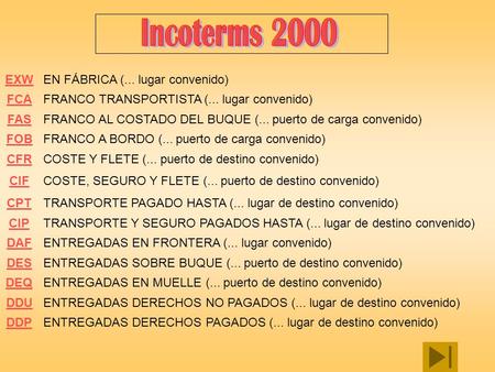 Incoterms 2000 EXW EN FÁBRICA (... lugar convenido) FCA