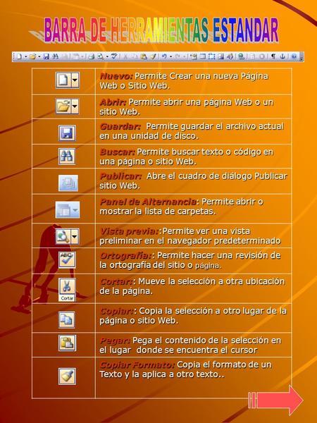 Nuevo: Permite Crear una nueva Página Web o Sitio Web. Abrir: Permite abrir una página Web o un sitio Web. Guardar: Permite guardar el archivo actual.