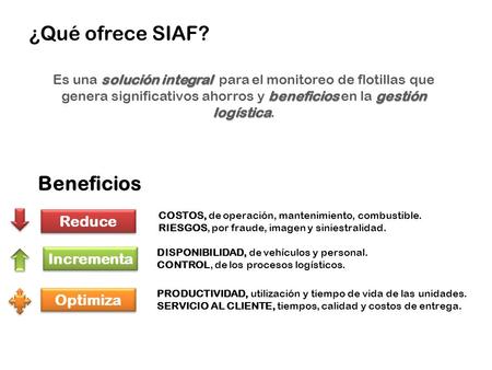 ¿Qué ofrece SIAF? solución integral beneficios gestión logística Es una solución integral para el monitoreo de flotillas que genera significativos ahorros.