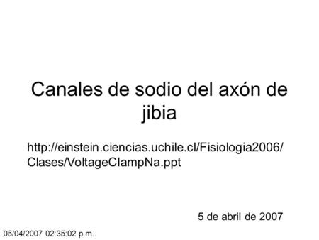 Canales de sodio del axón de jibia 5 de abril de 2007  Clases/VoltageClampNa.ppt 05/04/2007 02:35:02.