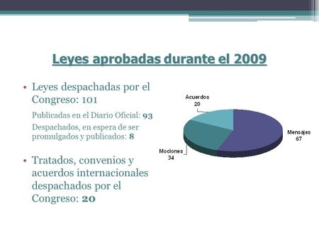 Leyes aprobadas durante el 2009 Leyes despachadas por el Congreso: 101 Publicadas en el Diario Oficial: 93 Despachados, en espera de ser promulgados y.
