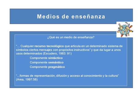 Medios de enseñanza ¿Qué es un medio de enseñanza? “... Cualquier recurso tecnológico que articula en un determinado sistema de símbolos ciertos mensajes.