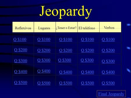Jeopardy ReflexivosLugares ¿Tener o Estar? El teléfono Verbos Q $100 Q $200 Q $300 Q $400 Q $500 Q $100 Q $200 Q $300 Q $400 Q $500 Final Jeopardy.