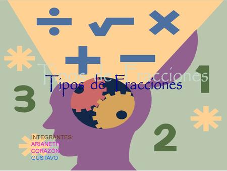 INTEGRANTES: ARIANETH CORAZÓN GUSTAVO. Fracción propia Una fracción propia es una Fracción, distinta de cero, en la cual su numerador es menor que su.