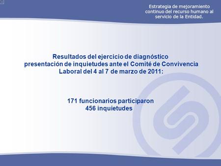 Resultados del ejercicio de diagnóstico presentación de inquietudes ante el Comité de Convivencia Laboral del 4 al 7 de marzo de 2011: 171 funcionarios.