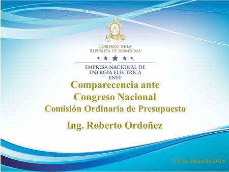 Comparecencia ante Congreso Nacional Comisión Ordinaria de Presupuesto 28 de Julio de 2015 Ing. Roberto Ordoñez.